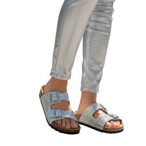 Simply Southern Slide Sandals Womens US 9 Silver Glitter Double Buckle